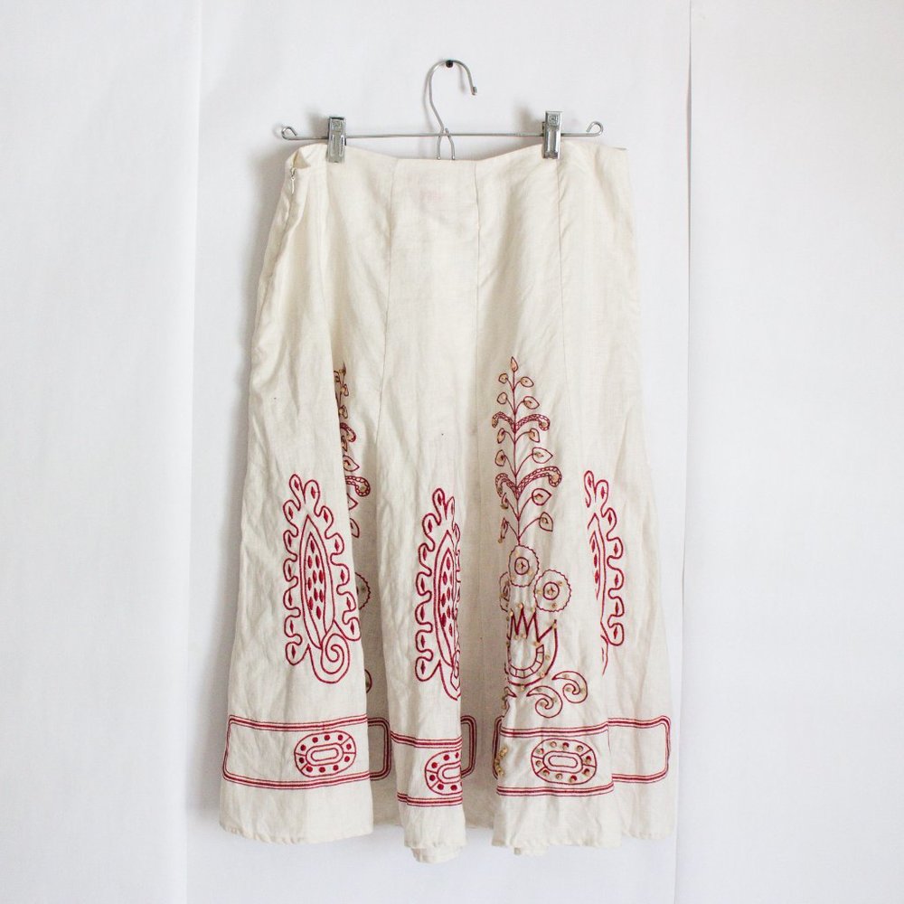 100% Linen Skirt Boho Sunny Leigh Embroidered White Skirt Red Detail Size 12 - Picture 2 of 10